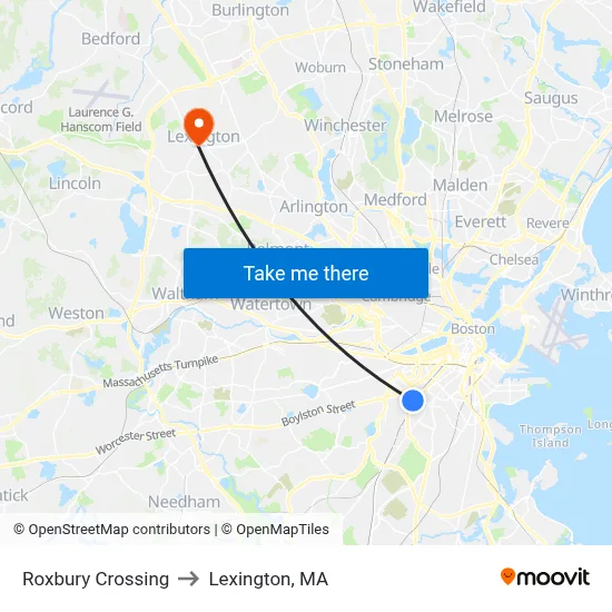 Roxbury Crossing to Lexington, MA map