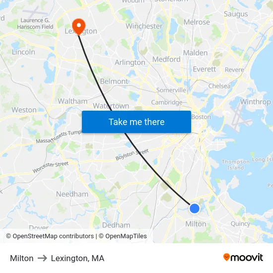 Milton to Lexington, MA map