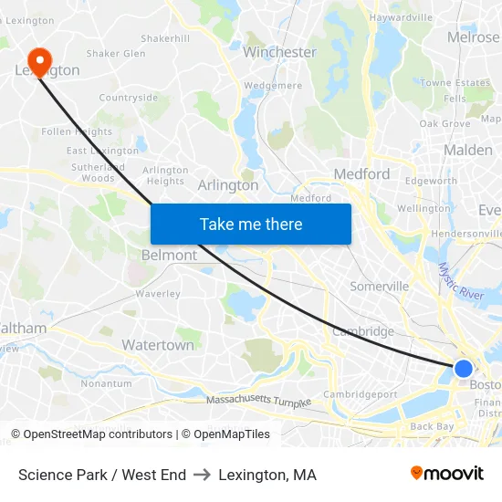 Science Park / West End to Lexington, MA map