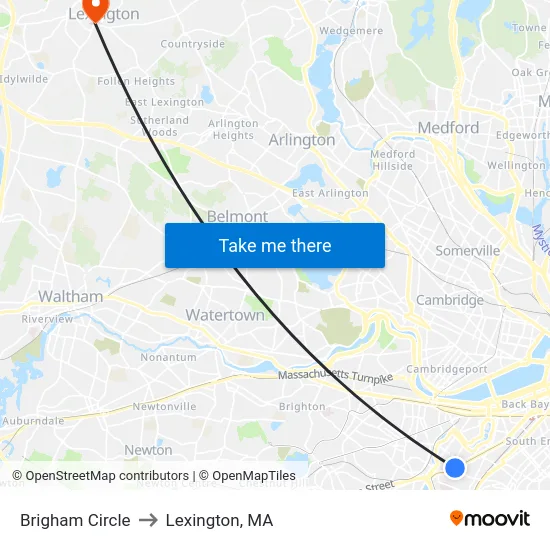 Brigham Circle to Lexington, MA map