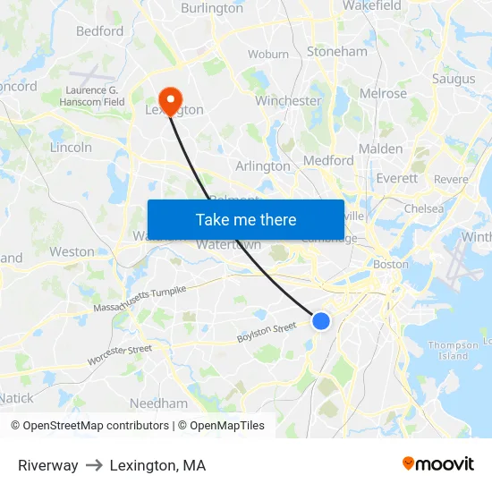 Riverway to Lexington, MA map