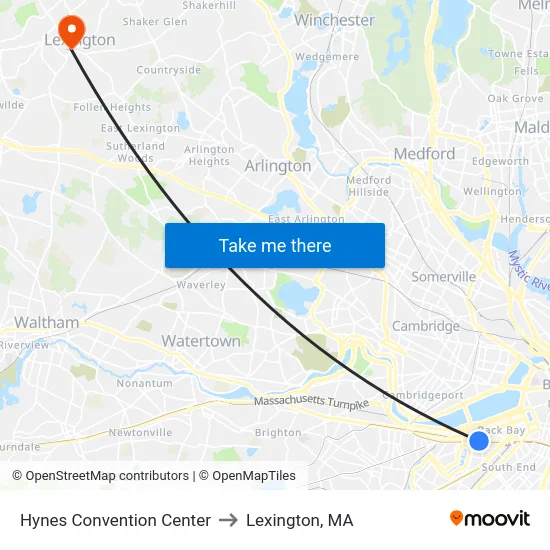 Hynes Convention Center to Lexington, MA map