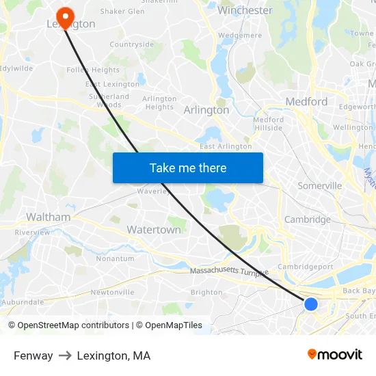 Fenway to Lexington, MA map