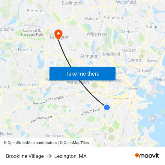 Brookline Village to Lexington, MA map