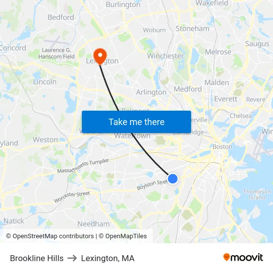 Brookline Hills to Lexington, MA map