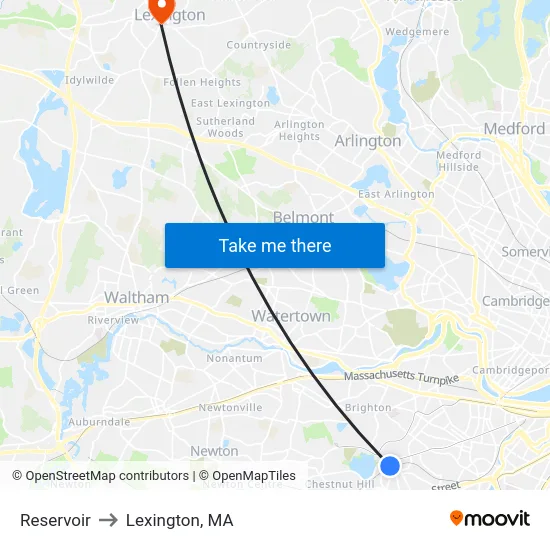 Reservoir to Lexington, MA map