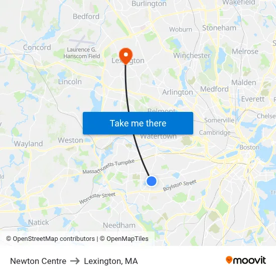 Newton Centre to Lexington, MA map