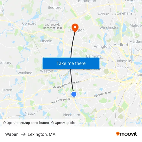 Waban to Lexington, MA map