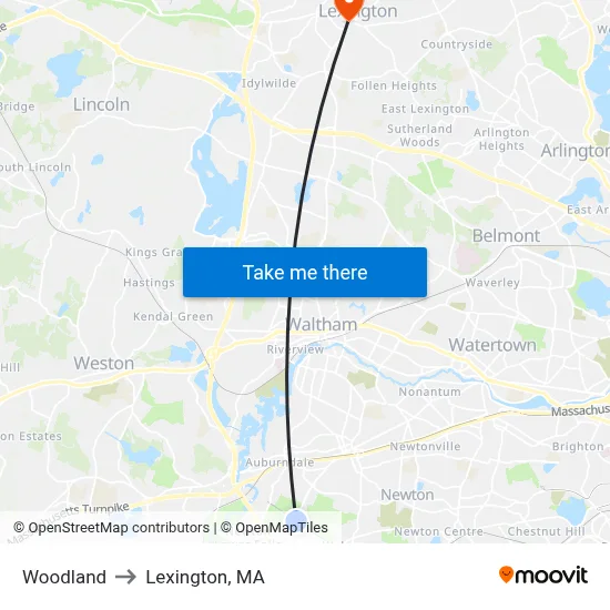 Woodland to Lexington, MA map