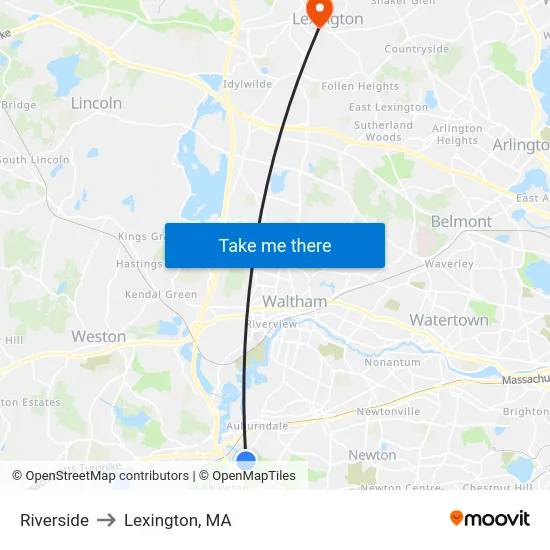 Riverside to Lexington, MA map