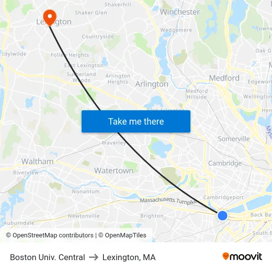 Boston Univ. Central to Lexington, MA map