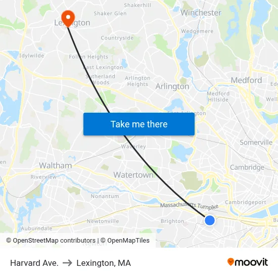 Harvard Ave. to Lexington, MA map