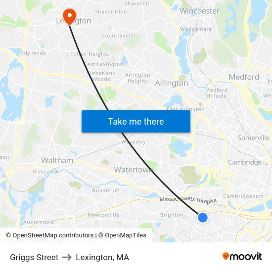 Griggs Street to Lexington, MA map
