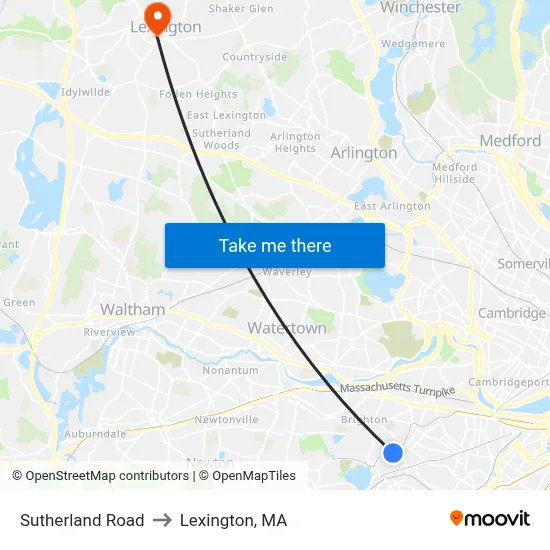 Sutherland Road to Lexington, MA map