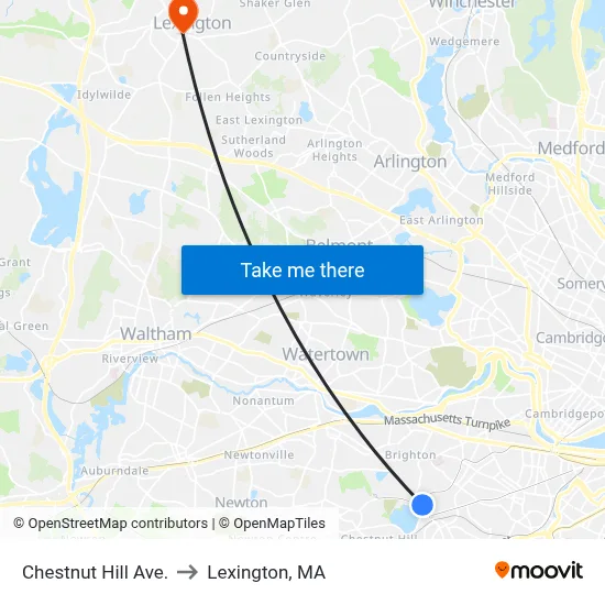 Chestnut Hill Ave. to Lexington, MA map