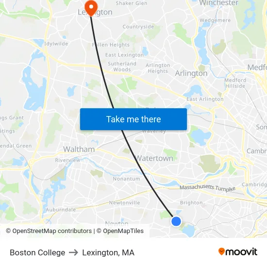 Boston College to Lexington, MA map