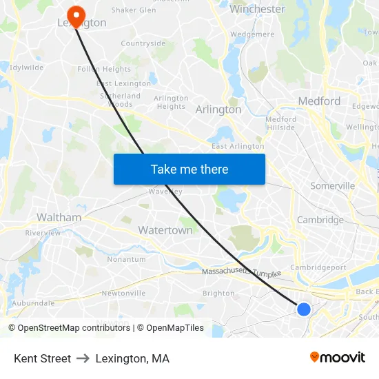Kent Street to Lexington, MA map