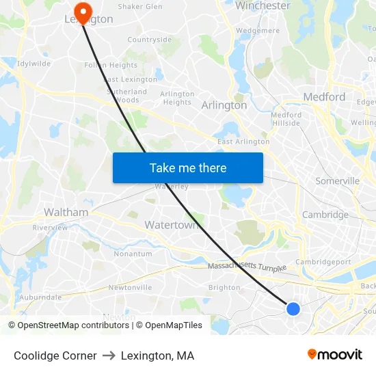 Coolidge Corner to Lexington, MA map