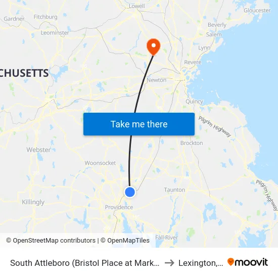 South Attleboro (Bristol Place at Market Basket) to Lexington, MA map