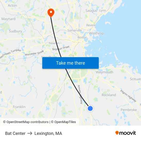 Bat Center to Lexington, MA map