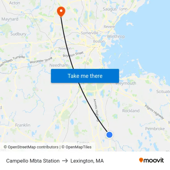 Campello Mbta Station to Lexington, MA map