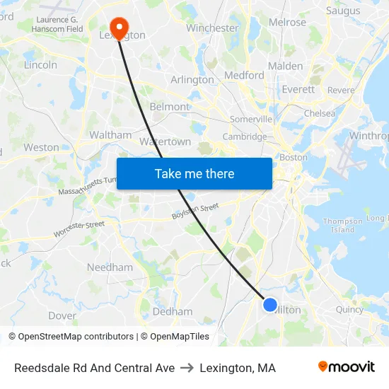 Reedsdale Rd And Central Ave to Lexington, MA map