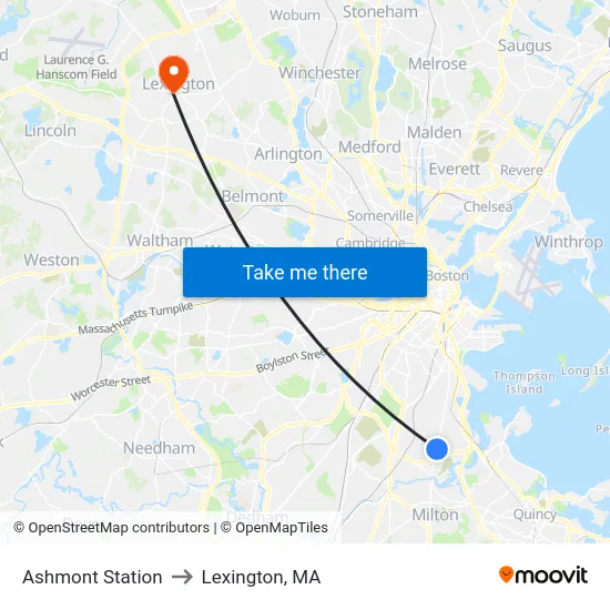 Ashmont Station to Lexington, MA map