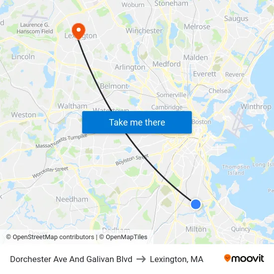 Dorchester Ave And Galivan Blvd to Lexington, MA map