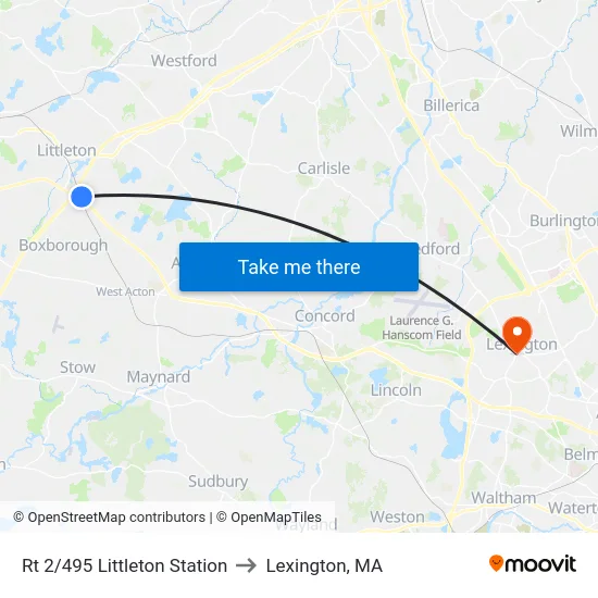 Rt 2/495 Littleton Station to Lexington, MA map