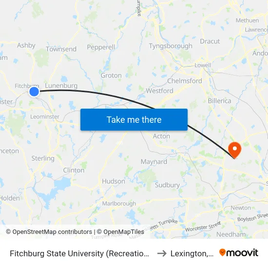 Fitchburg State University (Recreation Center) to Lexington, MA map
