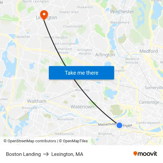 Boston Landing to Lexington, MA map