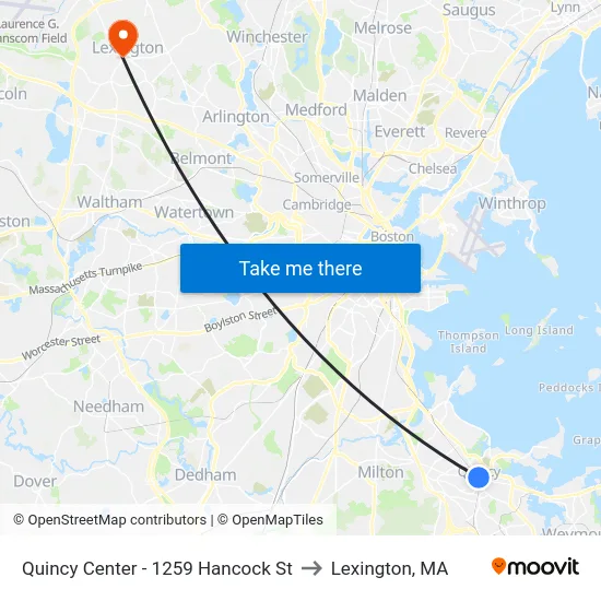 Quincy Center - 1259 Hancock St to Lexington, MA map