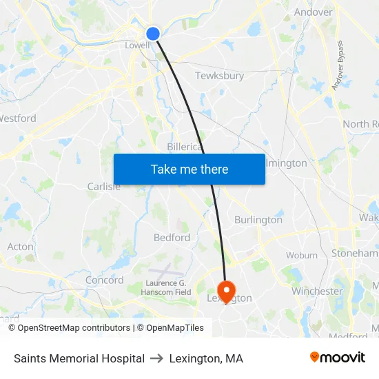 Saints Memorial Hospital to Lexington, MA map