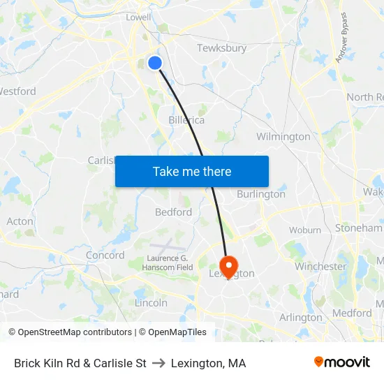 Brick Kiln Rd & Carlisle St to Lexington, MA map