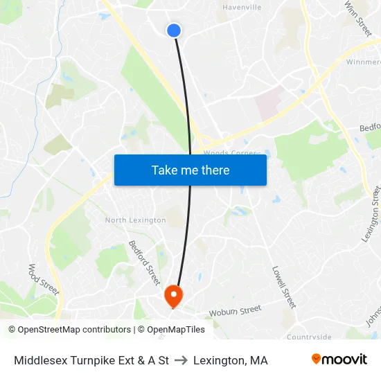 Middlesex Turnpike Ext & A St to Lexington, MA map