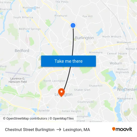Chestnut Street Burlington to Lexington, MA map
