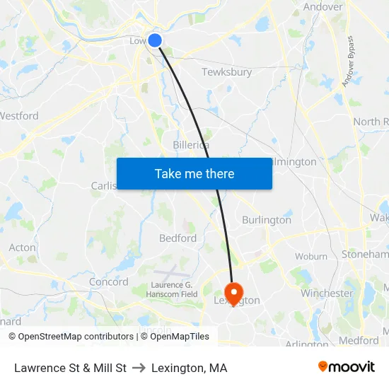 Lawrence St & Mill St to Lexington, MA map