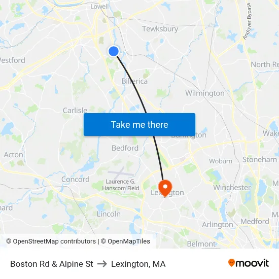 Boston Rd & Alpine St to Lexington, MA map