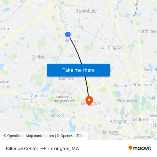 Billerica Center to Lexington, MA map