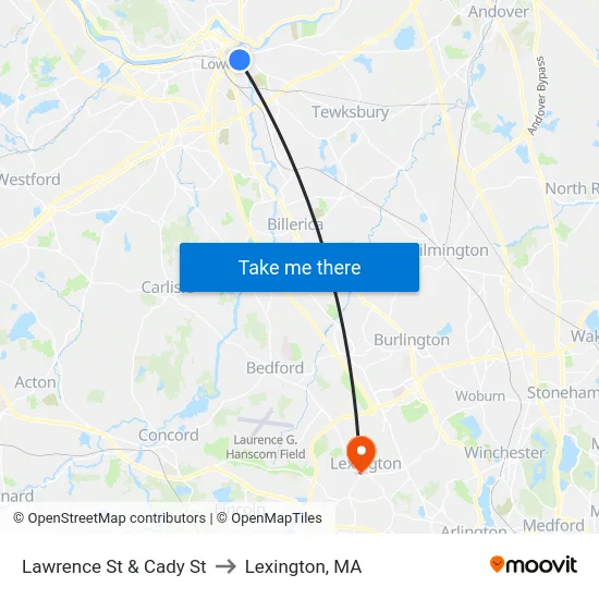 Lawrence St & Cady St to Lexington, MA map