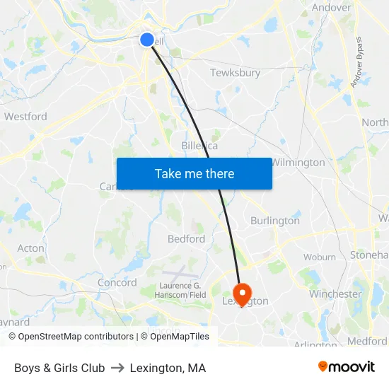 Boys & Girls Club to Lexington, MA map