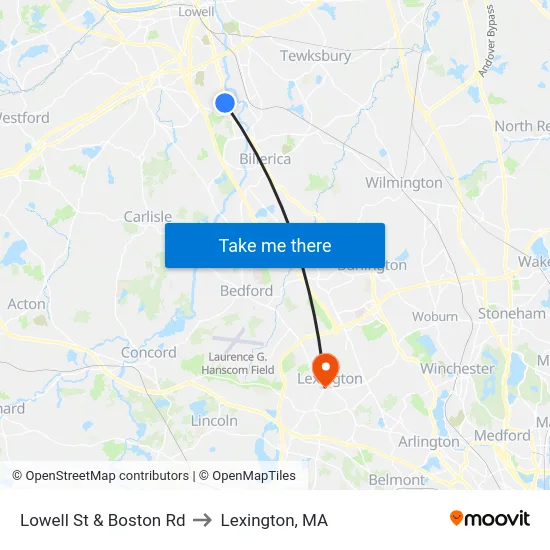 Lowell St & Boston Rd to Lexington, MA map
