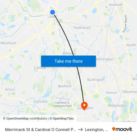 Merrimack St & Cardinal O Connell Pkwy to Lexington, MA map