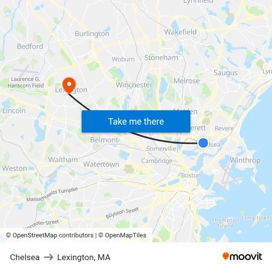 Chelsea to Lexington, MA map
