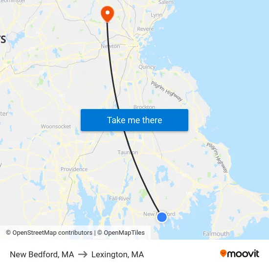 New Bedford, MA to Lexington, MA map