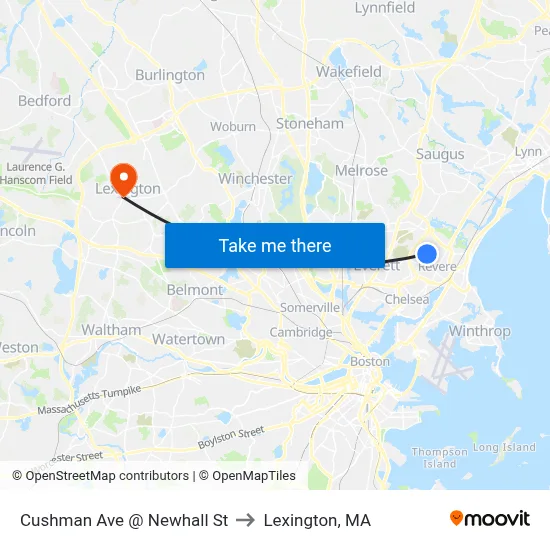 Cushman Ave @ Newhall St to Lexington, MA map