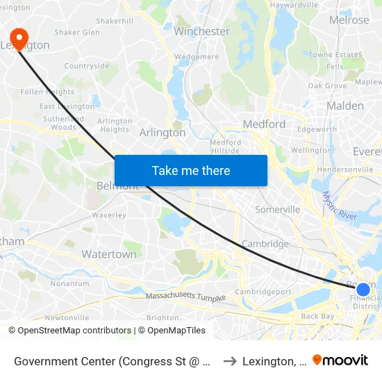 Government Center (Congress St @ North St) to Lexington, MA map