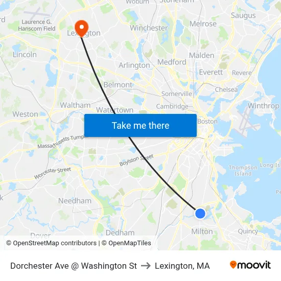 Dorchester Ave @ Washington St to Lexington, MA map