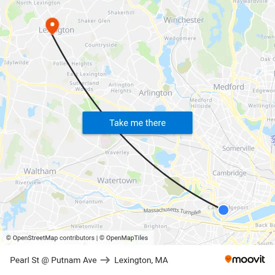 Pearl St @ Putnam Ave to Lexington, MA map