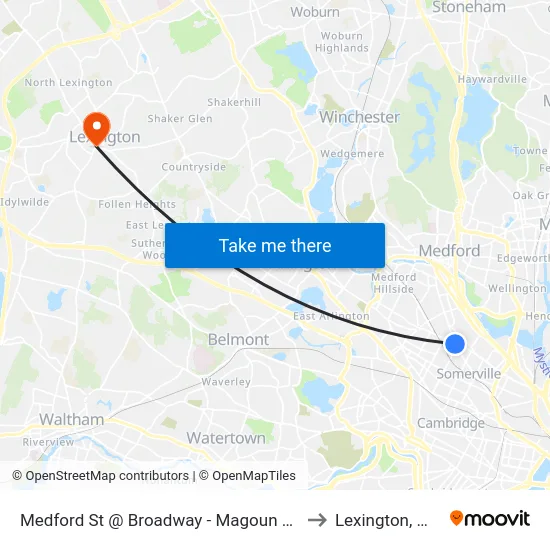 Medford St @ Broadway - Magoun Sq to Lexington, MA map